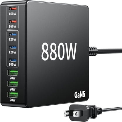 880W USB C Charger Block Charging Station 8 Port Fast GaN Chager 140W 160W PD PPS HUB for Laptop MacBook Charger Compatible with MacBook Pro/Air/All iPad iPhone 17/16/15/14/13/Pro Max/Galaxy Note