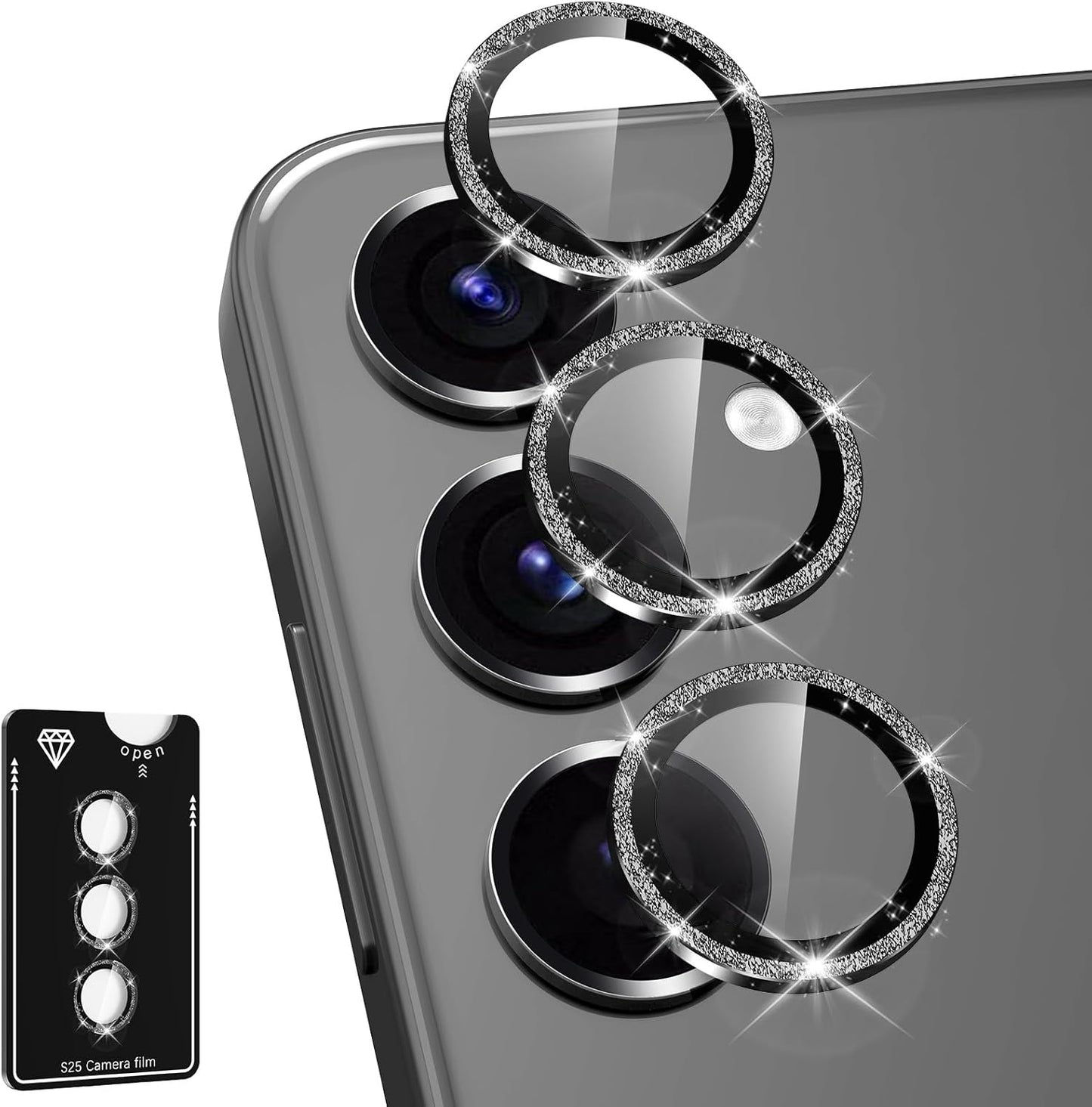 for Samsung Galaxy S25 Plus Camera Lens Protector, Individual Metal Ring Tempered Glass Lens Cover, [Strong Adsorption] Scratch Resistant Ultra-Thin HD Clear Lens Cover, 1 Set-Black Sparkly