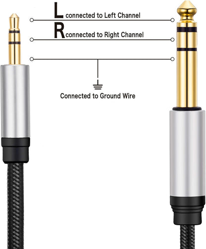 3.5 mm to 6.35 mm Audio Cable 25Ft, Gold-Plated Terminal Silver Color Zinc Alloy Housing 3.5mm 1/8" Male TRS to 6.35mm 1/4" Male TRS Nylon Braided Stereo Audio Cable for Cellphone, Amplifiers(25Ft/8M)