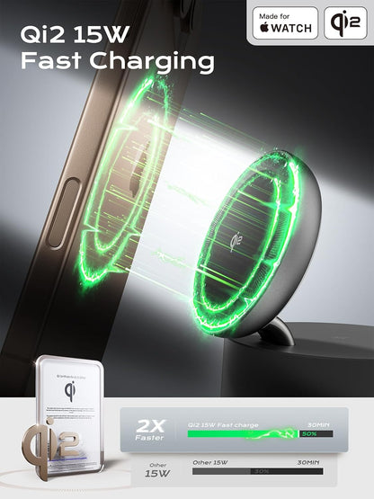 MFI Certified by Apple, 4 in 1 Magsafe Wireless Charging Station, Qi2 15W Magsafe Charger for iPhone 17/16/15/14/13/12 Series, iWatch, Airpods, iPad, 65W Charger Included (Black, 3 in 1)