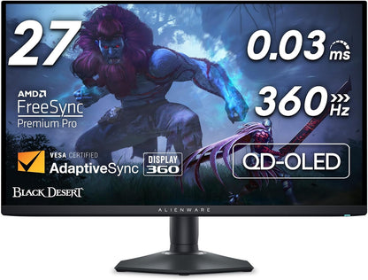 Alienware AW2725DF OLED Gaming Monitor - 26.7-inch Quantom-Dot WQHD (2560x1440) 360Hz 0.03Ms Display, AMD FreeSync Premium Pro, HDMI/DP/USB 3.2 Gen1, Height/Tilt/Swivel/Pivot Adjustability - Black