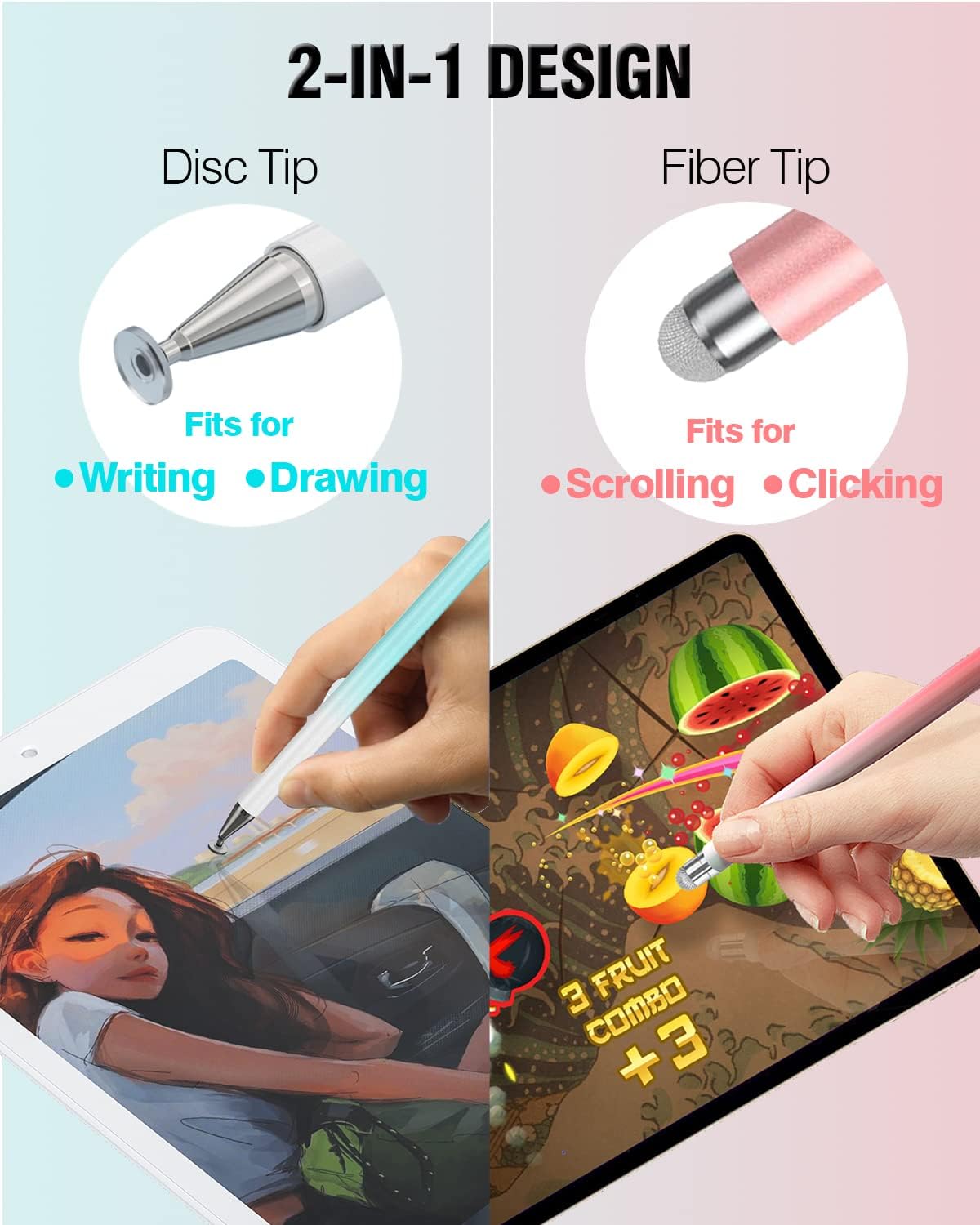 Stylus Pens for Touch Screens, 2 in 1 High Precision Universal Stylus Pen for iPad Compatible with Apple, iPhone, iPad, Android, Samsung Tablets, Phones, 3 Pack -Blue, Green, Pink