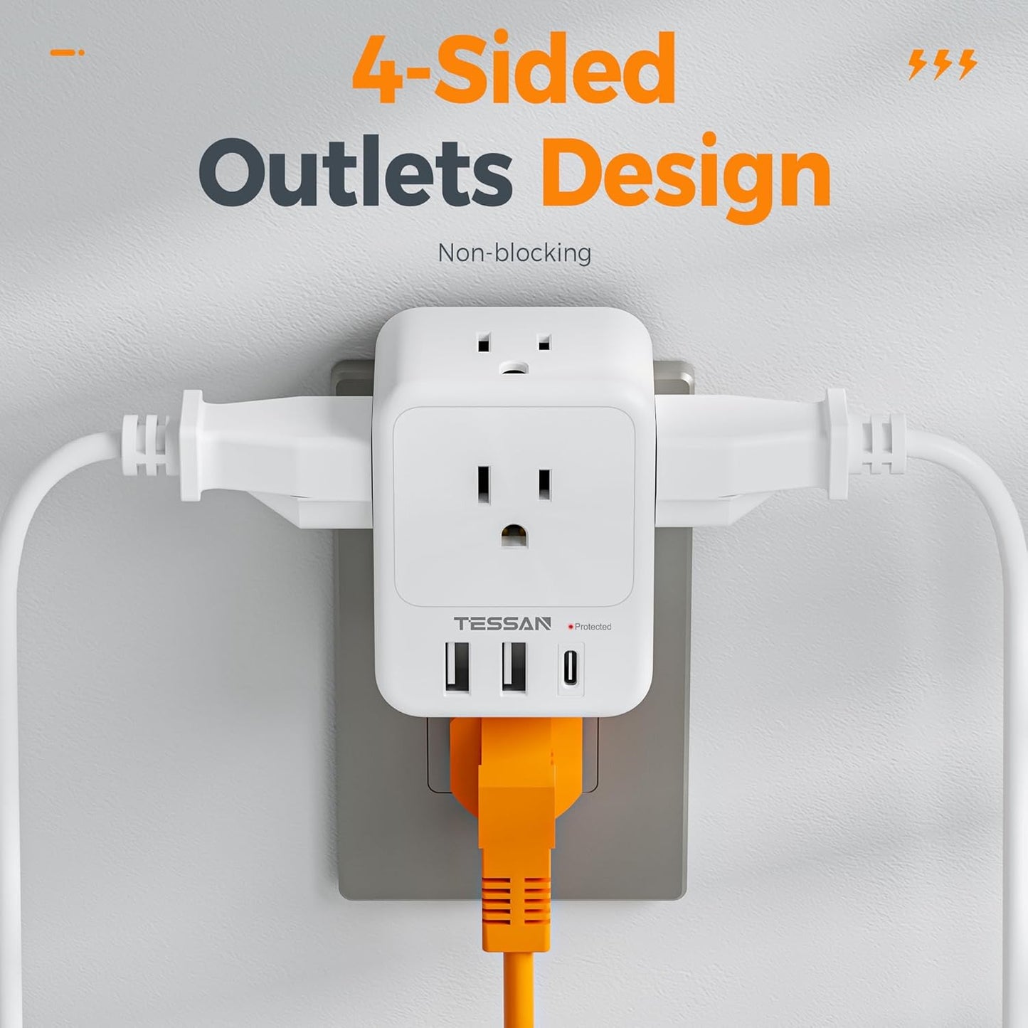 USB Charger Block, TESSAN Outlet Extender Surge Protector with USB C, 4 AC Multi Plug Wall Outlet Splitter 1875W, Electrical Plug Expander for Home Office Dorm Room Essentials, White