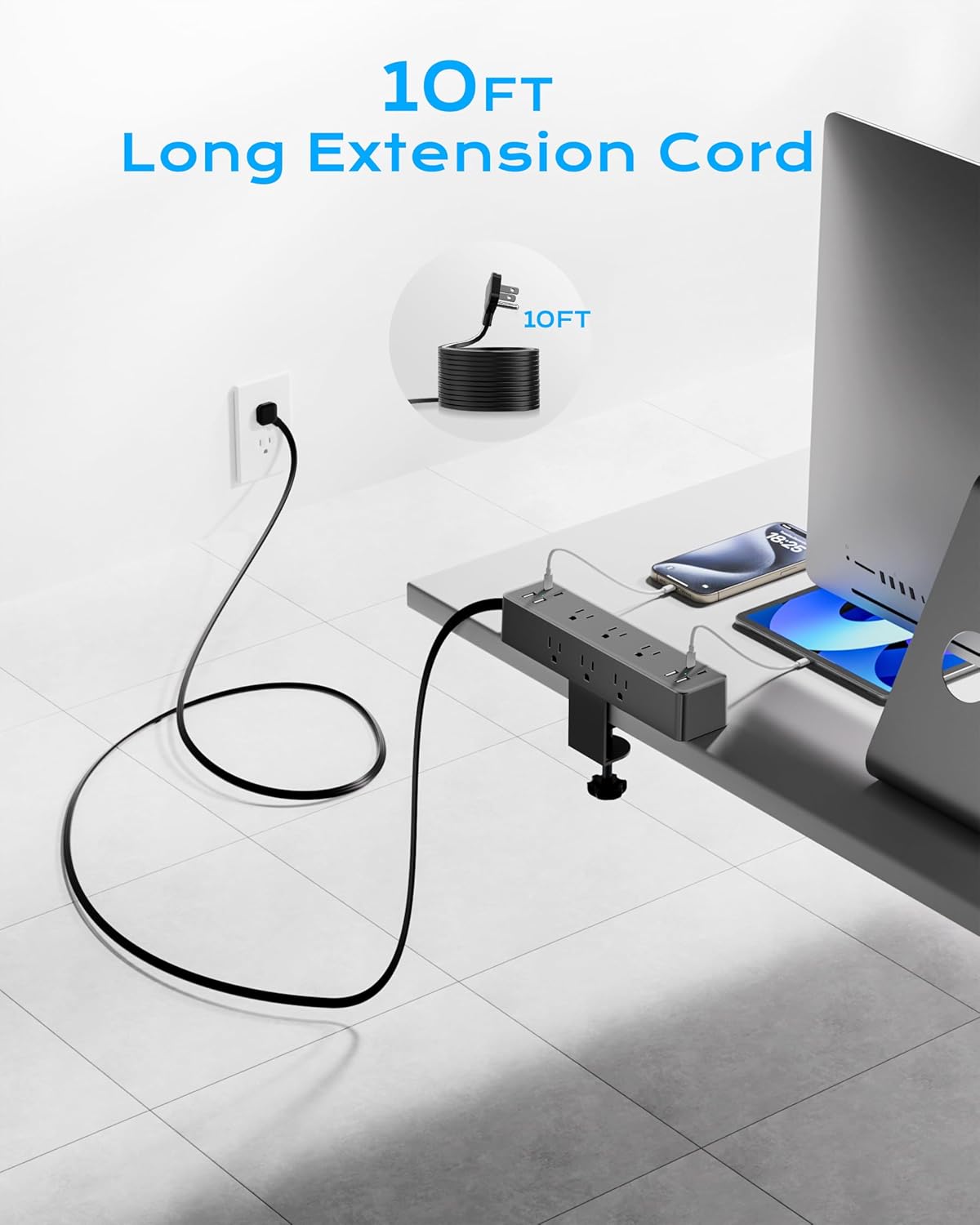 Flat Plug Desk Clamp Power Strip 10FT, 24W Total Charging Station, Desk Edge Mount Power Strip 9 AC Outlets 8 USB Ports Surge Protector, Fit 1.7" Tabletop Edge, Home Office Accessories