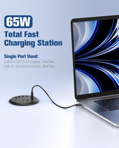 Jgstkcity 65W USB-C Hidden Desktop Power Grommet: 1 AC Outlet,8 USB Charging Ports,3'' Hole Flush Mount Pop-Up Power for Conference Tables & Nightstands (Black, 6 FT - 2PCS)