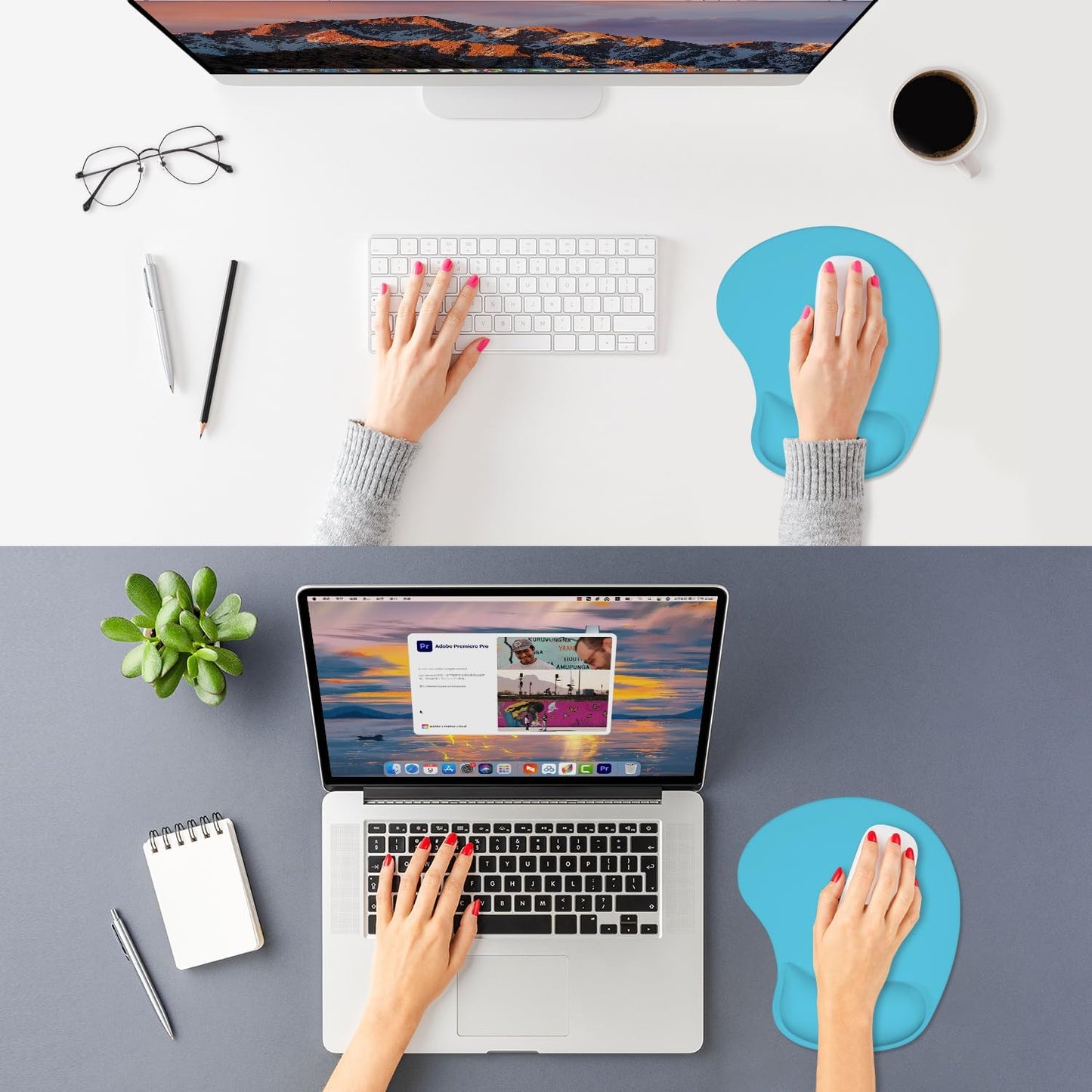 ITNRSIIET Ergonomic Mouse Pad, Cushioned Gel Wrist Rest, Non-Slip Base, Smooth Surface, Compatible with All Mice for Office & Gaming, Desk Accessory, 9.5 x 8.2 inch, Powder Blue