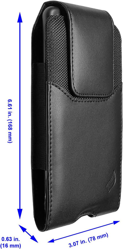 Leather Cellphone Holster for iPhone 12/13/14/15 Pro Max/Plus, Samsung Galaxy A04S A13 A14 A15 S22 S23 S24 Plus, TCL 40 XE XL - Vertical Case Waist Carrying Pouch with Belt Clip/Loops, Black
