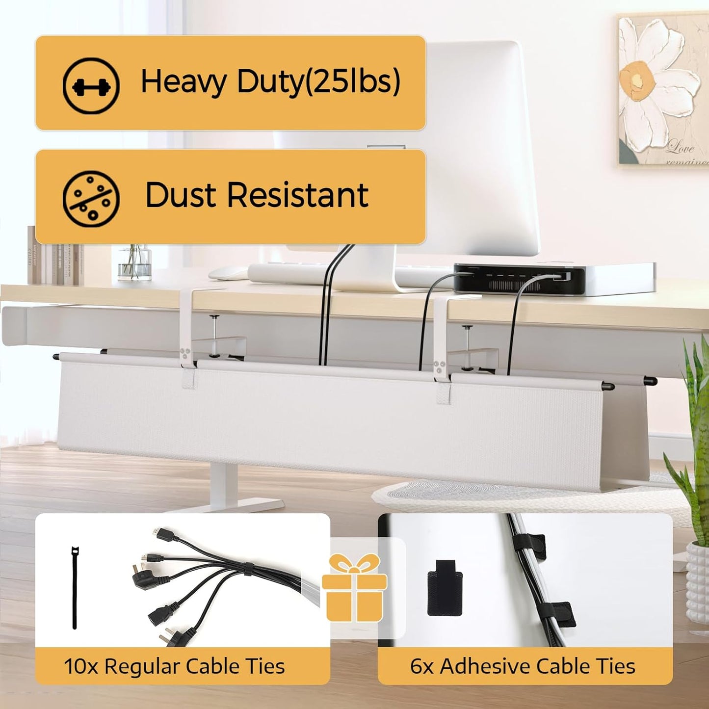 Under Desk Cable Management Tray - 36" Cord Organizer for Desk No Drill, Fabric Under Table Wire Organizer with 16X Cable Ties Hide for Office/Home, Cord Hider Fits Adapters & Sockets, White