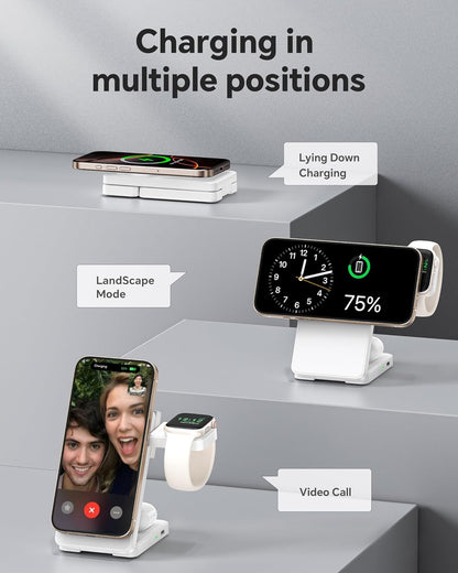 3 in 1 Charging Station for iPhone 16/15/14/13/12 Series, Wireless Charger for Apple Watch，Travel Magnetic Charging Stand for AirPods (White Grey)