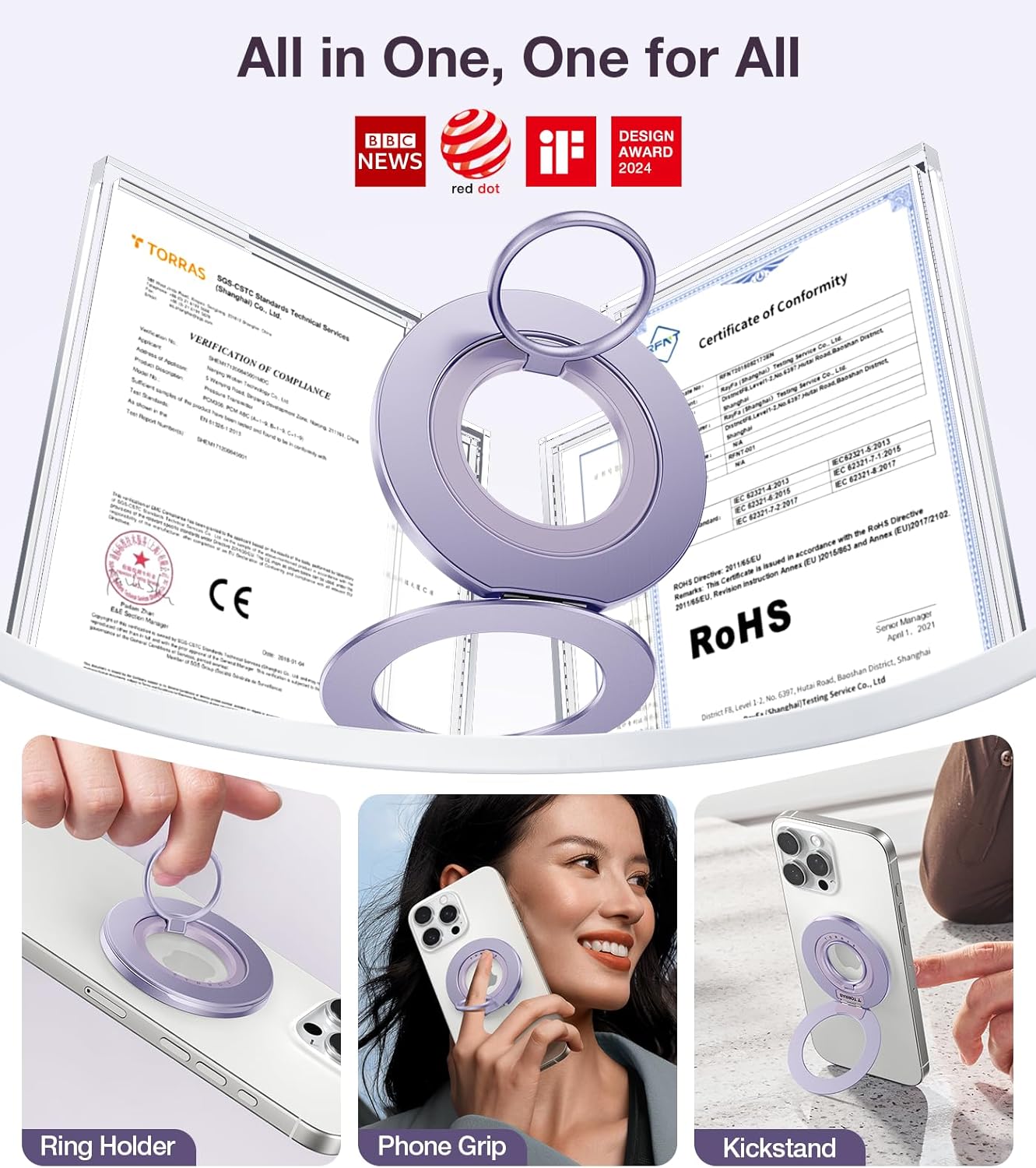 TORRAS 2025 Upgrade [Dual-Ring] Fit for MagSafe Phone Grip Ring Holder [Dual-Ring] Compatible with MagSafe Kickstand Magnetic for iPhone 16/15/14/13/12/11 Samsung, Google Accessories, Purple