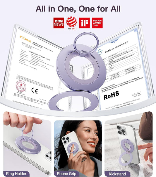 TORRAS 2025 Upgrade [Dual-Ring] Fit for MagSafe Phone Grip Ring Holder [Dual-Ring] Compatible with MagSafe Kickstand Magnetic for iPhone 16/15/14/13/12/11 Samsung, Google Accessories, Purple
