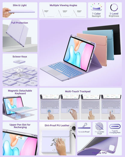 GreenLaw Keyboard Case for iPad Air 11-inch (M3 2025 / M2 2024) & Air 4th/5th Gen & iPad Pro 11 inch (1st/2nd/3rd/4th Gen), Smart Touchpad, 7-Color Backlit, Stain Resistant Cover, Light Purple
