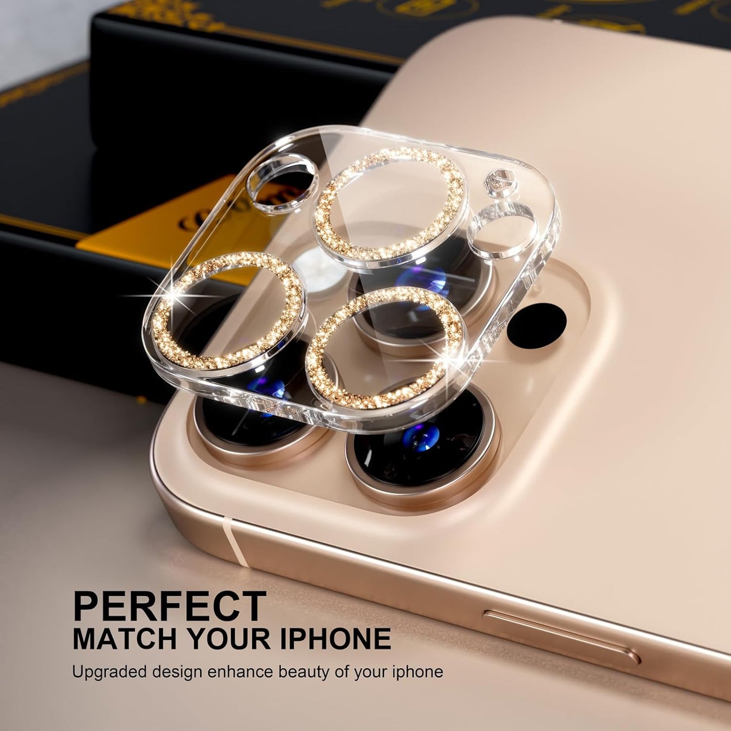 beuxece for 6 Pack iPhone 16 Pro/iPhone 16 Pro Max Camera Lens Protector [Drop Protection] [Case Friendly] [Easy Installation] 9H Tempered Glass Camera Screen Protector Cover, Glitter Gold