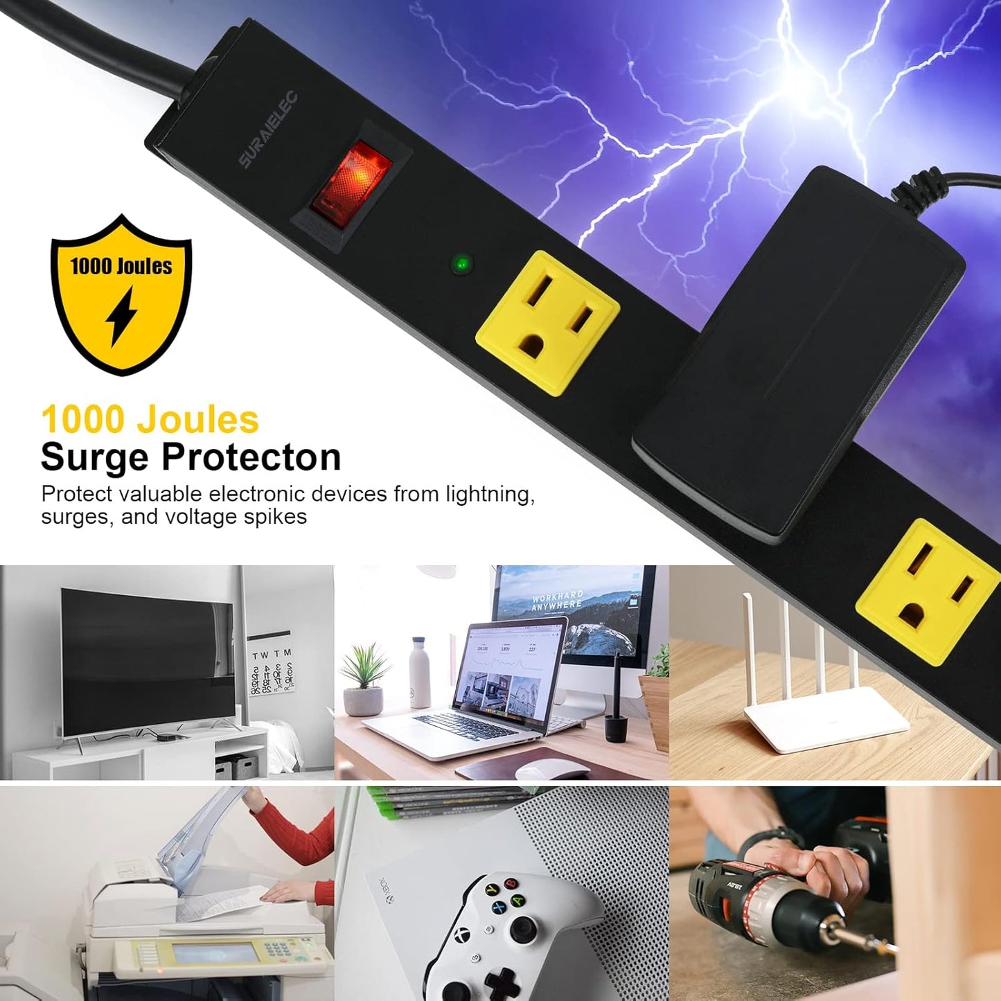 SURAIELEC 12 Outlet Long Metal Power Strip, 15 FT Cord Surge Protector, Angled Flat Plug, Wide Spaced Outlet Power Bar, 15A Breaker, Wall Mountable, Industrial Heavy Duty for Work Bench, Shop, Garage