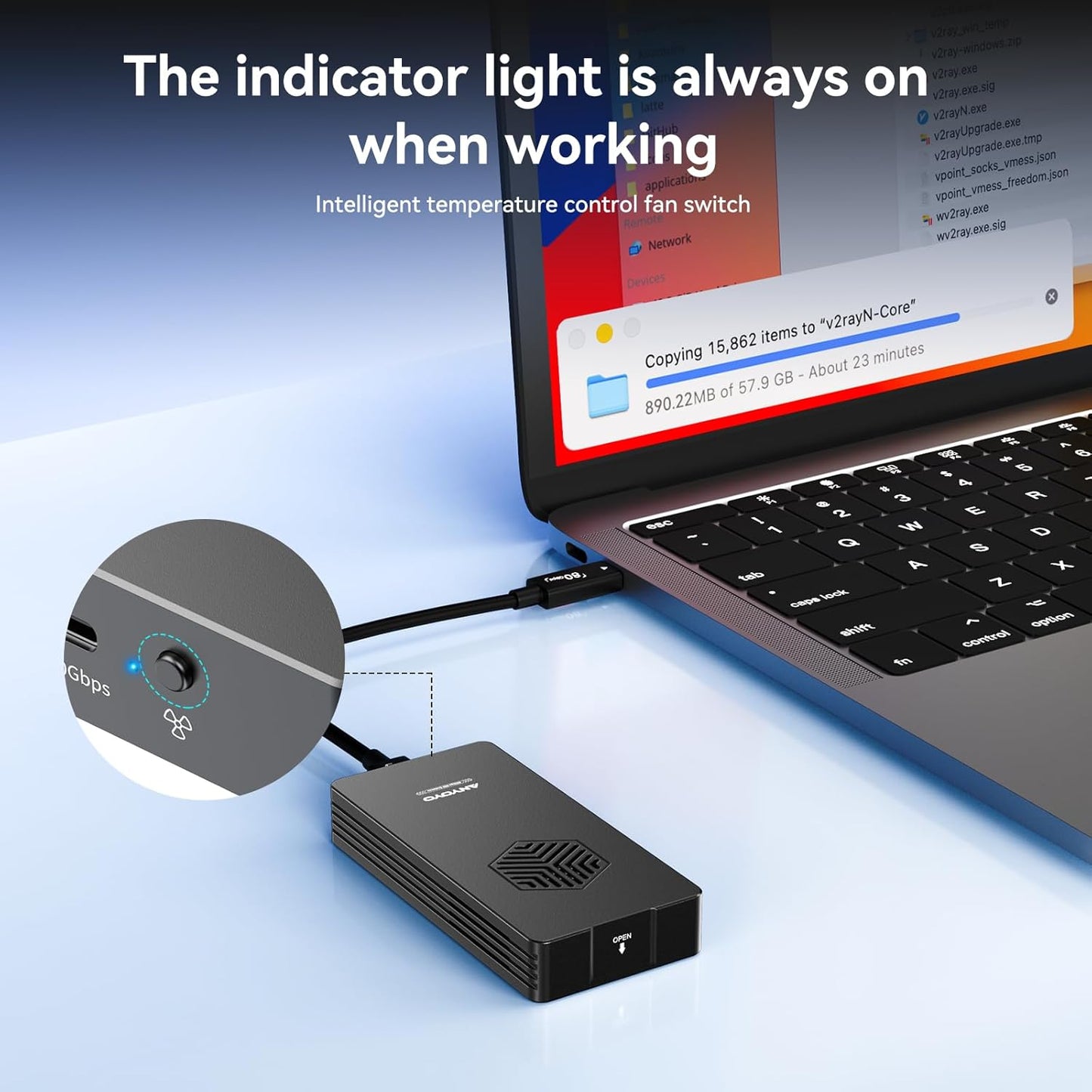 ANYOYO 80Gbps M.2 NVMe SSD Enclosure with Cooling Fan, Aluminium Alloy Enclosure Compatible with Thunderbolt 5/4/3/USB4, Support M/B+M Key SSD, Tool-Free Installation (TB502PRO)