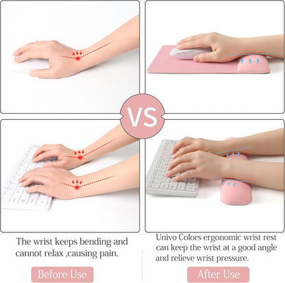 UnivoColors Design-Wave Set of Keyboad Wrist Rest & Mouce Pad,Artificial Sheepskin+Memory Foam+Ergonomic+Anti-Slip Gel, Resilience Support During Work and Gaming,Keyboard Accessory,Pink,N