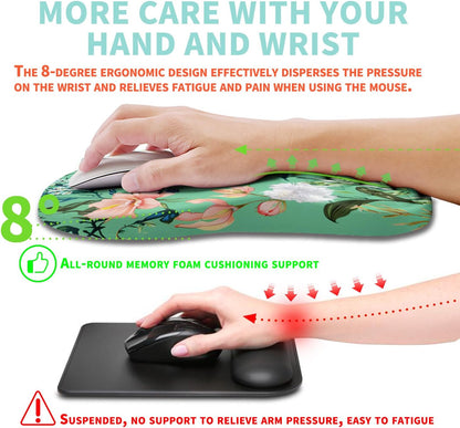 Ergonomic Mouse Pad Wrist Support with Memory Foam Massage Bulge, Carpal Tunnel Pain Relief Mousepad Wrist Rest for Mouse(12x8 inch, Pink Flowers)