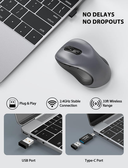 Trueque Wireless Mouse for Laptop, 2.4GHz Ergonomic Computer Mouse with Back & Forward Buttons, 3 Adjustable DPI Levels, 6 Buttons, Optical USB Cordless Mice for Windows Chromebook MacBook PC (Gray)