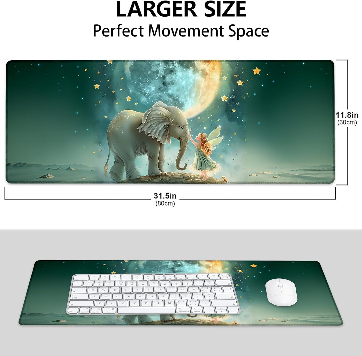 Fairy and Elephant Large Mouse Pad, Gaming Mouse Pad, Keyboard Mat, Non-Slip Rubber Base, Office Accessories, Desk Mat, MousePads for School, Work, Home Decor Gifts 31.5" x 11.8"