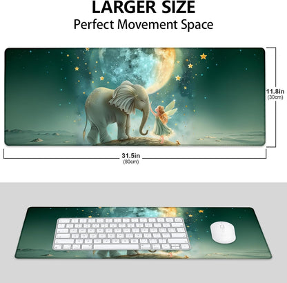 Fairy and Elephant Large Mouse Pad, Gaming Mouse Pad, Keyboard Mat, Non-Slip Rubber Base, Office Accessories, Desk Mat, MousePads for School, Work, Home Decor Gifts 31.5" x 11.8"