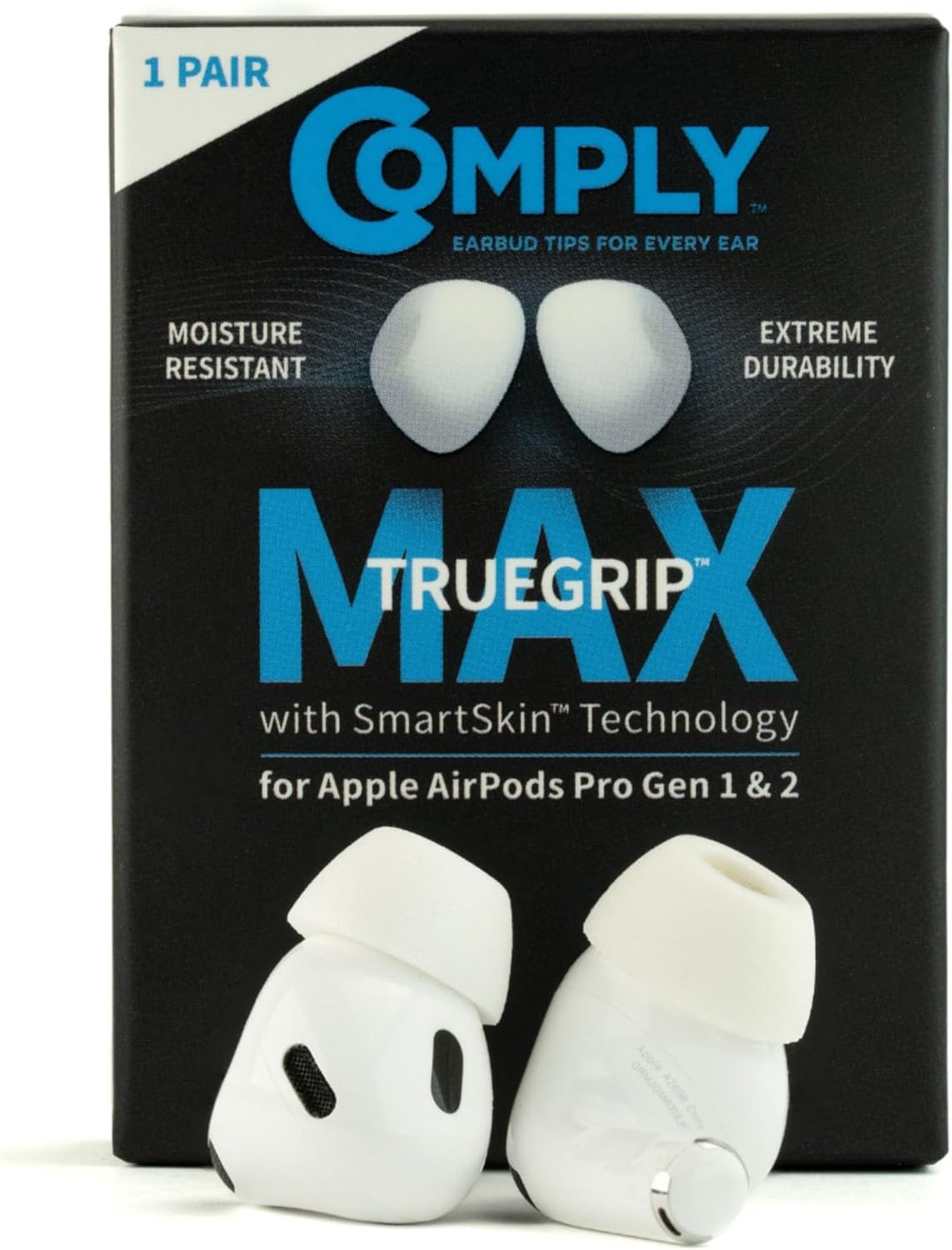 Comply TrueGrip MAX | Premium Memory Foam Replacement Earbud Tips for Apple AirPods Pro 1 & 2 | Long Lasting Comfort, Extreme Durability, Secure Fit, Superior Noise Isolation| White (Medium) (1 Pair)