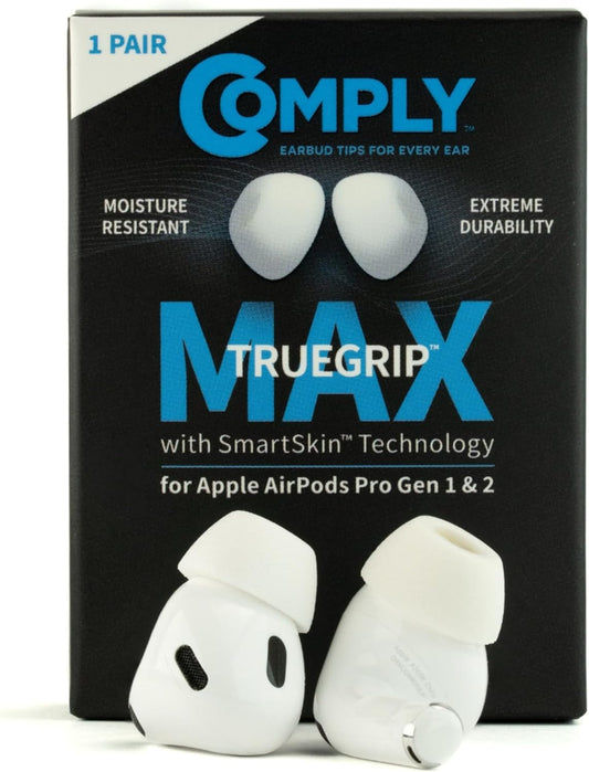 Comply TrueGrip MAX | Premium Memory Foam Replacement Earbud Tips for Apple AirPods Pro 1 & 2 | Long Lasting Comfort, Extreme Durability, Secure Fit, Superior Noise Isolation| White (Medium) (1 Pair)