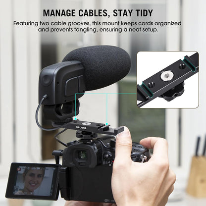 Dual Cold Shoe Extension Bar Mount, Aluminum Dual Hot Shoe Mount Bracket with 1/4" Thread & Cable Slot, Cold Shoe Bracket for DSLR Camera LED Video Light Microphone Monitor (62034)