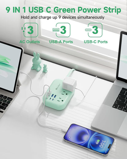 6 USB(3 USB C) Green Travel Power Strip- 5Ft Green Extension Cord with 6 USB Charging Station 24W and 3 Outlets, Cute Desk Accessories for Cruise Travel Kawaii Home Office Dorm Room