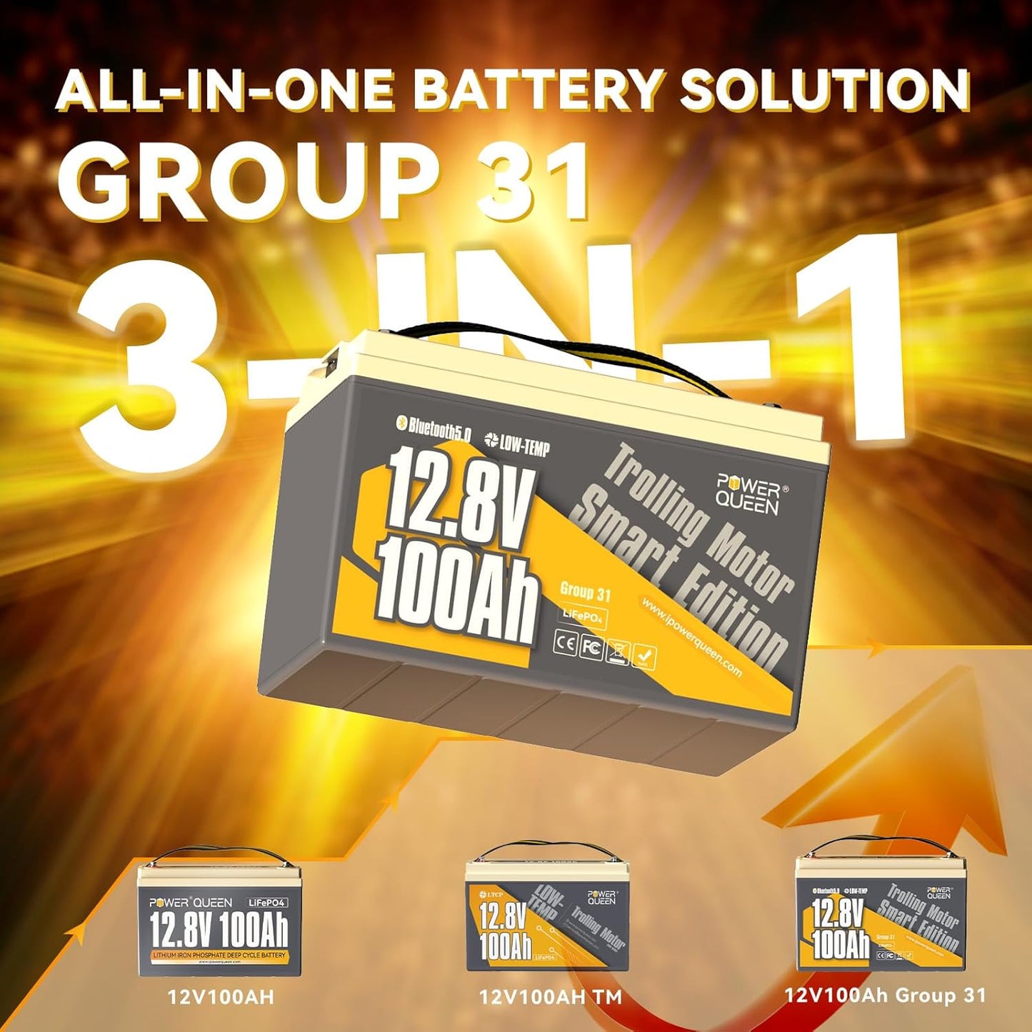 Power Queen 12V 100Ah Group 31 Battery Bluetooth 5.0, Deep Cycle LiFePO4 Battery Max. Output Power 1280W, 100A BMS with Low-Temp Cut-off Protection for RV, Trolling Motors, Solar System