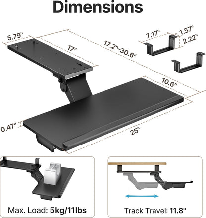 Keyboard Tray Under Desk with Storage Drawer, Height Adjustable Keyboard Tray Slide Out Swivel Tilt, Ergonomic Under Desk Mount Keyboard & Mouse Holder for Gaming Home Office, 25x11'', Black