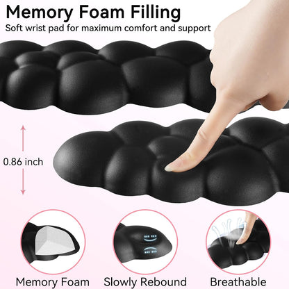 Cloud Wrist Rest for Computer Keyboard, 4-in-1 Memory Foam Leather Cloud Keyboard Wrist Rest and Mouse Pad Set with Ergonomic Support for Arm and Palm Cushion, Gaming/Work Setup, Black