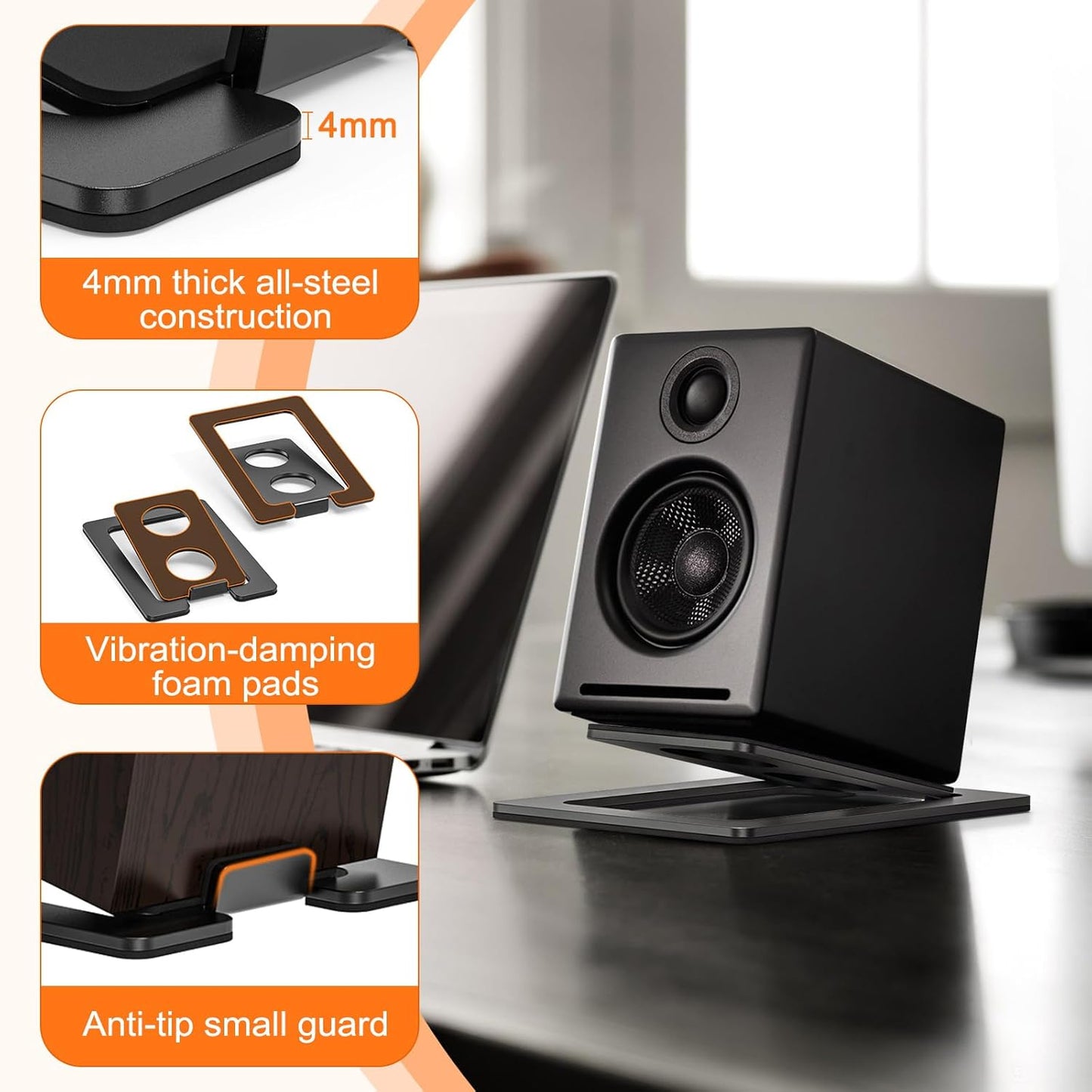 Metal Desktop Speaker Stands Pair, 15° Tilted Steel Tabletop Bookshelf Speaker Wedge with Damping Foam Pads for Small Medium Speakers, Suitable for PC, Gaming, and Studio