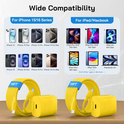 30W USB C i Phone 16 15 Charger Fast Charging, 2PACK Wall Charger for iPhone 16 15 Pro Max Charger Cord 10FT Fast Type C Charger Block for iPhone 16/16 Pro/15 Plus/15 Pro/15 Pro Max, iPad Pro, Yellow