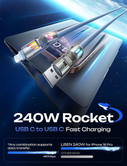 LISEN iPhone Cords Fast Charging 6 FT, 4 in 1 Charging Cable with Light, Chubby USB A/C to C/L Multi Charging Cable for iPhone 16 15 14 Pro Max/MacBook/iPad Pro/SamSungS25, Sky Blue iPhone Cord