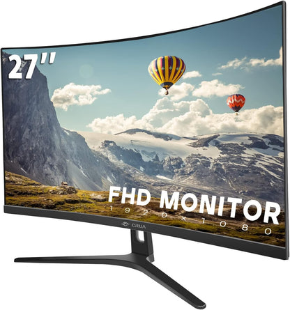 CRUA 27" Curved Monitor, FHD(1920x1080P) VA Panel, 100HZ, 120% sRGB Professional Computer Monitor, Narrow Bezels on Three Sides, Blue Light Filter, Office and Dormitory(HDMI, VGA)-Black