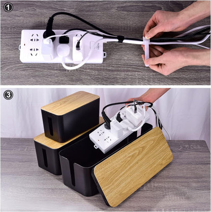 3 Pack Cable Management Box with 18 PCS Cable Management Set - Large & Medium & Small Wooden Grain Cable Organizer Box to Hide Wires & Power Strips | TV Cord Organizer Box | for Home & Office(Black)