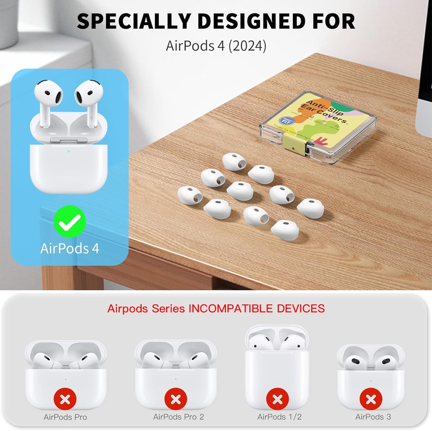 [5 Pairs] for AirPods 4 Ear Tips Covers Sport Anti Slip Anti Scratche Skin Soft Silicone Eartip AirPods 4 Gen Earbuds Accessories Compatible with Apple AirPods 4th Generation (White)