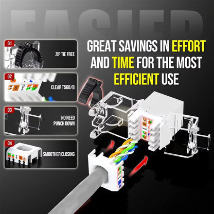 AMPCOM CAT6A UTP RJ45 Keystone Jack 50u Gold Plating Reusable Ethernet Wall Jack with Adjustable Ratchet Lock (No Tool and Zip Tie Required) - White (12-Pack)