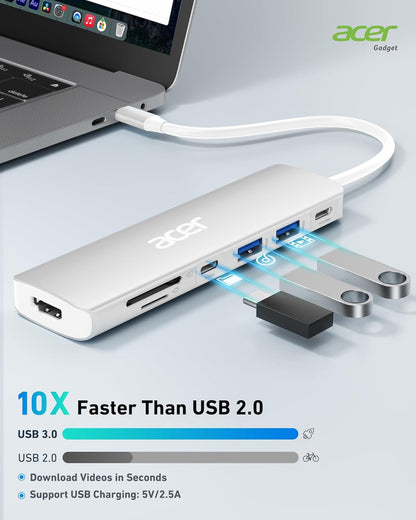 Acer USB C Dock, 7 in 1 USB C to HDMI Hub, 2 USB 3.1 GEN1 and 5Gbps Type-C Data Port, 4K HDMI Port, PD 100W Charging, SD Card Reader, for iPad Pro MacBook Pro Acer Laptops and More (Silver)