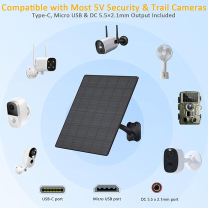 Zivif 10W Solar Panel for Security Cameras, 5V Solar Charger with USB-C/Micro USB/DC 5.5x2.1mm Ports, IP66 Waterproof, Adjustable Mount & 7.2FT Cable