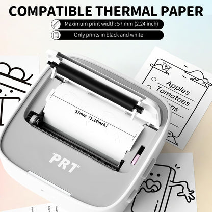 PRT Mini Sticker Printer, Portable Thermal Printer with 1 Roll Sticker Paper, Inkless Sticker Maker, Bluetooth Label Printer for Study Notes,Lists,Pictures,DIY Creations Small Printers for Home Use
