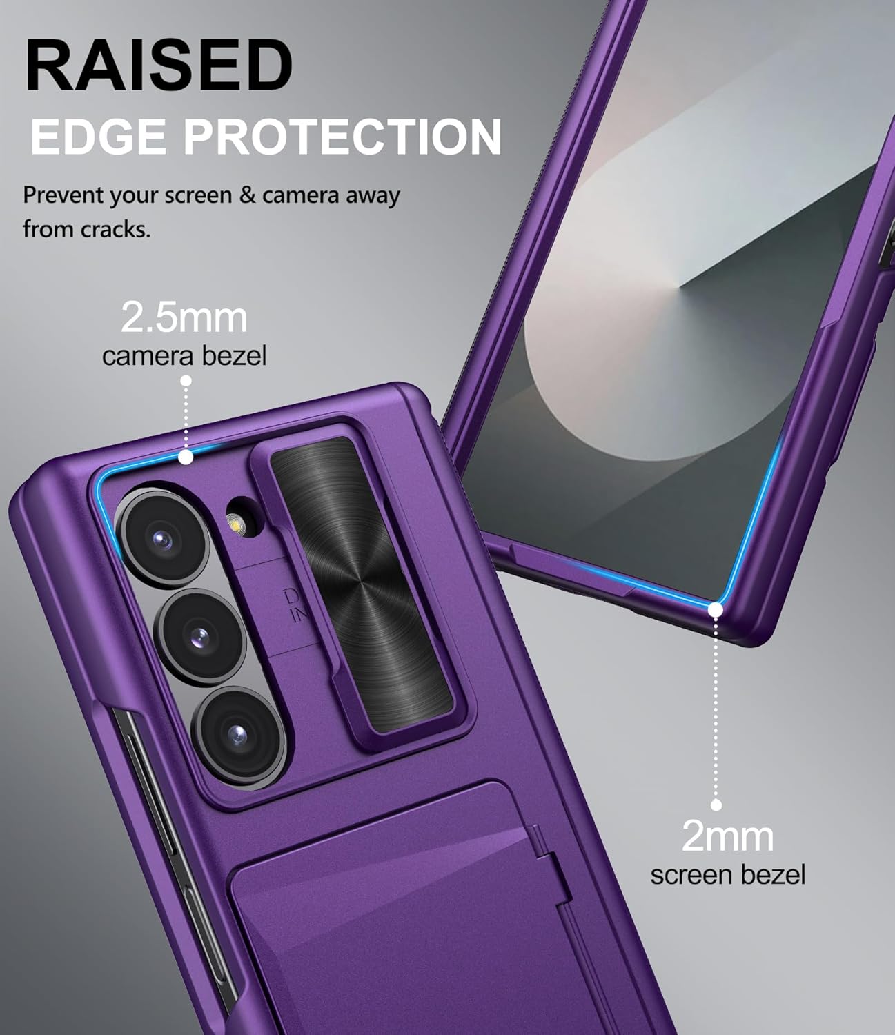 for Samsung Galaxy Z Fold 6 Case with Card Holder & Slide Camera Lens Cover & Hinge Protection & Screen Protector, Multifunctional Durable Rugged Phone Case for Samsung Z Fold 6, Dark Purple