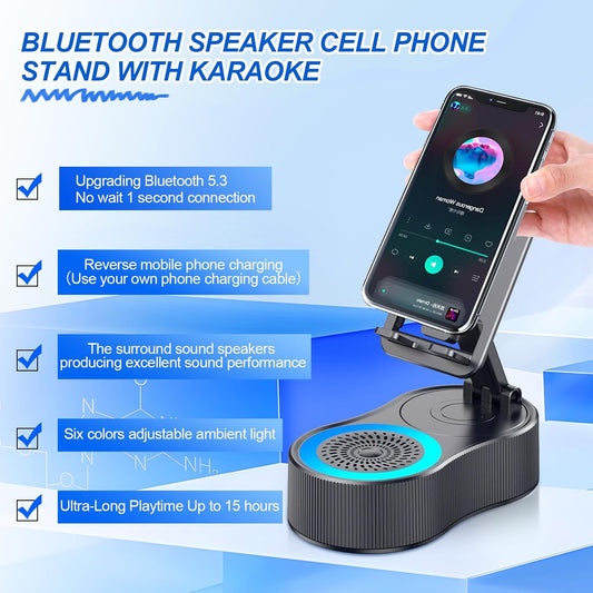 Gifts for Men Women,Cell Phone Stand with Wireless Bluetooth Speaker,Colorful Ambient Light 360° Foldable for Tablet iPhone Android 2 Wireless Microphones HD Surround Sound (Pink)