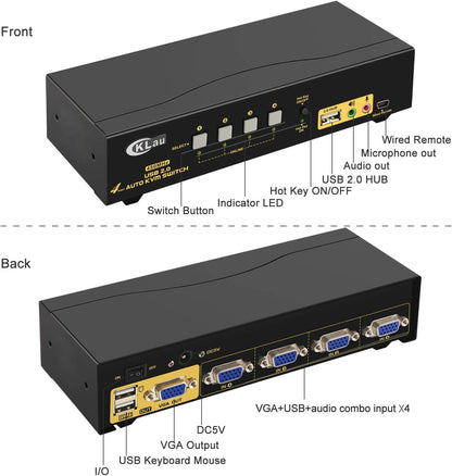 CKLau 4 Port 450MHz USB Auto VGA KVM Switch with Audio and Cables, Monitor Switch for Multiple Computers Support Windows, Linux, Mac, Debian, Ubuntu, Fedora, Raspbian, Ubuntu