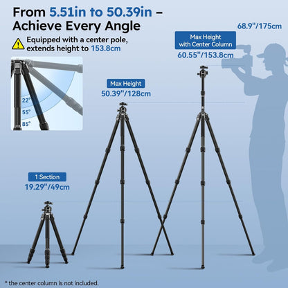 SIRUI Professional Travel Carbon Fiber Tripod 20kg/44lbs Load, Max Tube Dia 29.44mm, Max 128cm/50.4" Height with 43mm Low-Profile Ball Head for DSLR/Mirrorless/Video (AM-284S+G1)