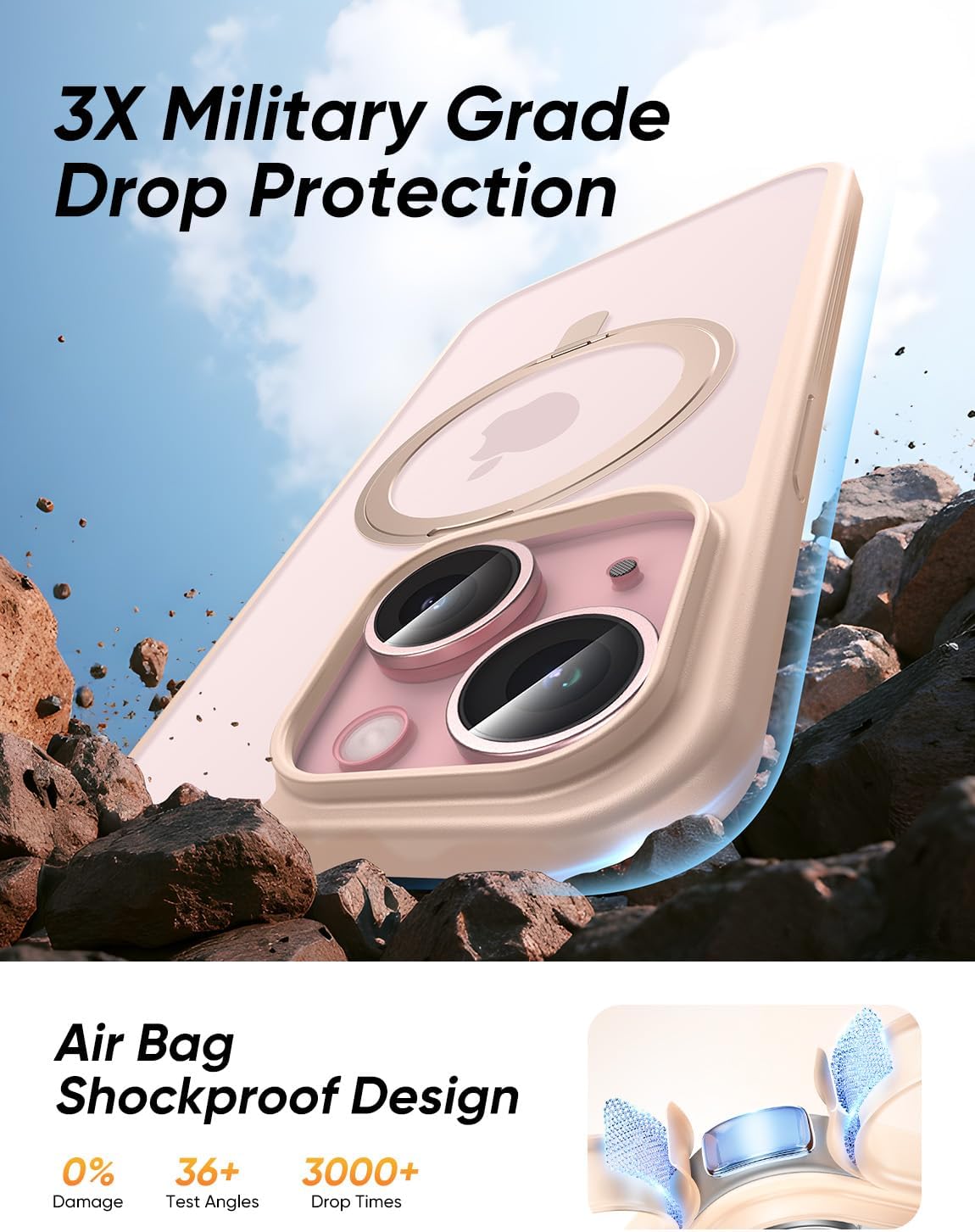 MAGIC JOHN 360° Rotatable Magnetic Invisible Stand for iPhone 14/iPhone 13 Case [Anti-Slip Grip] [Compatible with MagSafe] 16FT Shockof for iPhone 14/13 Case with Kickstand, Gold