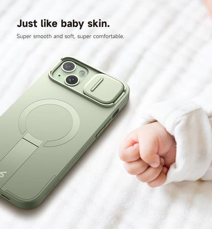 SURITCH for iPhone 14 Plus/15 Plus Case with Magnetic Camera Slide Cover and Adjustable Kickstand, Compatible with MagSafe, Shockproof Bumper Case Slim Protective Cover 6.7 Inch, Green