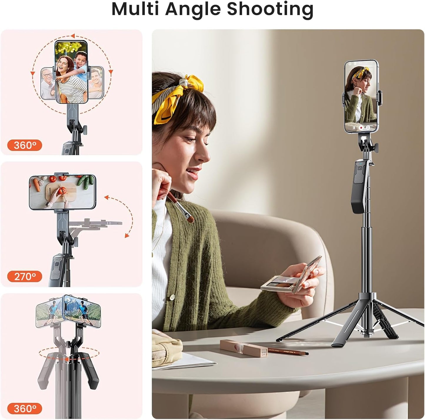 71" Selfie Stick Tripod with Wireless Remote & 2 Fill Lights, Tall Phone Tripod Stand with Quad-Leg Base, Aluminum Alloy White Stick for iPhone, Android, GoPro, Vlogging & Video