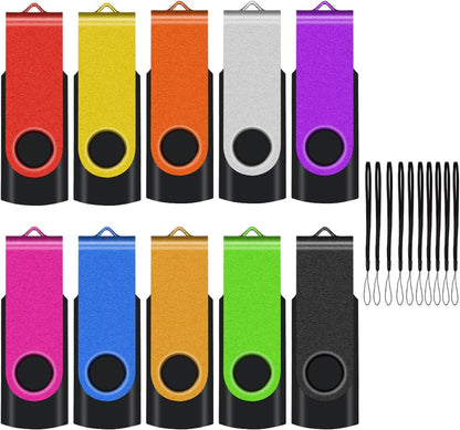 EASTBULL Flash Drive Bulk 4GB USB 10 Pack with Lanyards USB 2.0 Thumb Drive Bulk Memory Stick Swivel Pen Drive for Storage and Backup(4GB 10Pack, Mixed Color)