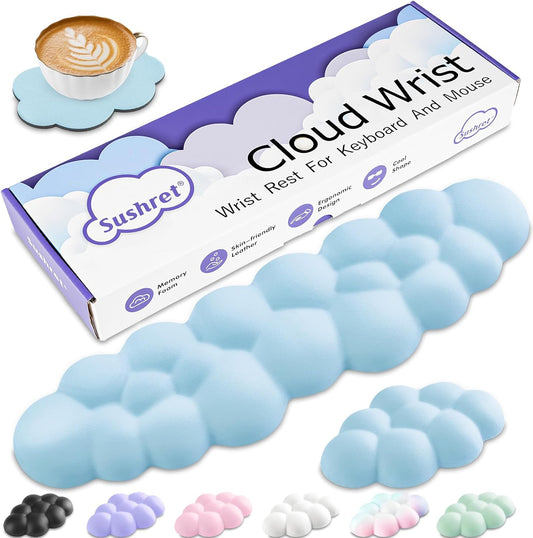 Cloud Wrist Rest Keyboard, Cloud Keyboard Wrist Pad Set with PU Leather Memory Foam, Cute Arm Rest for Palm Support, PC/Gaming Desk Accessories/Office Setup/Computer Hand Cushion - Blue